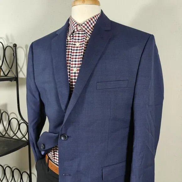Perry Ellis Men's Sport Coat Blazer‎ Two Button Navy Blue Wool Poly Slim Fit 46L